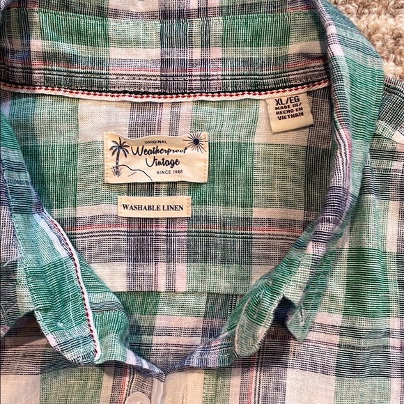 Men’s Linen Green and Blue Casual Button Down Shirt - Picture 3 of 4